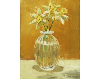 First Daffodils, Spring Bouquet, Daffodils in a Glass Vase, Yellow Bouquet