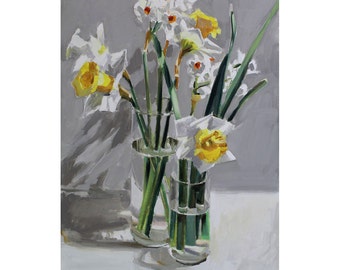 Daffodils Two Vases-Spring Bouquet -painting of white and yellow daffodils-art for springtime-art for mom