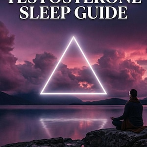 Op de afbeelding: Boekomslag met de titel "TESTOSTERONE SLEEP GUIDE" in witte letters. Een gloeiende witte driehoek is gecentreerd boven een paarse lucht en meer. Een persoon zit in meditatie op een rots, met de tekst "Sleep Like a Hibernating Bear" onderaan.