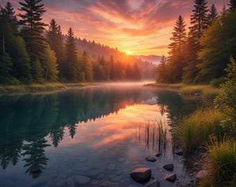 Digital Nature Art Print: Sunset Over The Lake