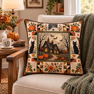May include: A square decorative throw pillow featuring a quilted design with a central scene of a house at night, black cats, pumpkins, and spiderwebs. The border includes autumn leaves, flowers, and geometric patterns in orange, green, and brown.