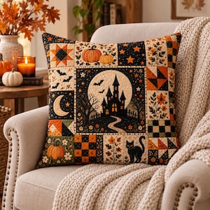 May include: A square decorative pillow featuring a patchwork quilt design with Halloween motifs. The central panel depicts a haunted house silhouette against a full moon, surrounded by pumpkins, bats, a crescent moon, and a black cat on a dark background.