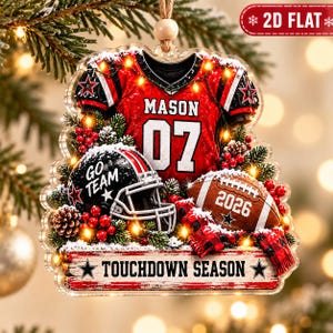 Personalisierter Fußball-Weihnachtsbaumschmuck, Geschenk mit individuellem Namen und Nummer für einen Fußballspieler, Acryl-Weihnachtsbaumschmuck zur Touchdown-Saison, Sport-Erinnerungsstück