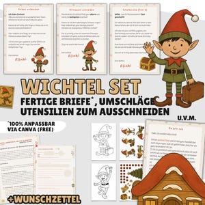 May include: A digital product image featuring a 'Wichtel Set' with ready-made letters, envelopes, and cutting utensils. The image includes illustrations of elves, a treasure chest, and a house. Text on the image says 'Ideal for 3 years and up'.