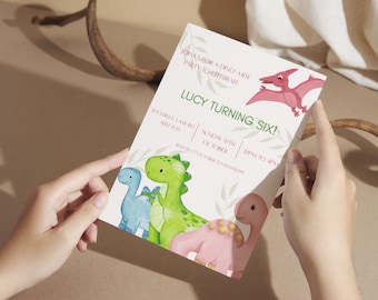 May include: A birthday party invitation featuring watercolor illustrations of dinosaurs. The invitation reads "Lucy Turning Six!" with details about the party date and time. The design includes a pink Pterodactyl and three other dinosaurs.