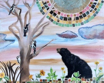 Dreaming Minnesota: Black Bear with Downy Woodpeckers