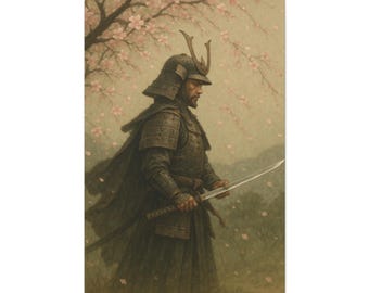 Lienzo impreso de un samurái con wakizashi, arte de flores de cerezo
