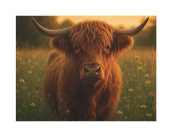Highland Cow Wall Art  Close Up in Wildflower Field at Sunset