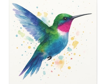 Levendige muurkunst aquarel kolibrie kleurrijke vogel tijdens de vlucht voor op de natuur geïnspireerde inrichting