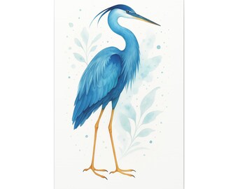 Blue Heron Watercolor Wall Art  Elegant Bird Illustration with Soft Botanical Accents