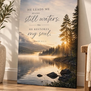 Psalm 23 Canvastavla | Vid stilla vatten, han vederkvicker min själ | Kristen landskapskonst