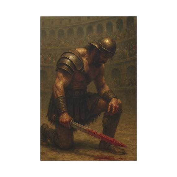 Defeated Gladiator in Colosseum  Roman Warrior Canvas Print | Dramatic Historical Art  Ancient Rome Decor