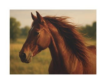 雄大な栗毛の馬のクローズアップキャンバスプリント、夕焼けの田園風景の壁掛けアート