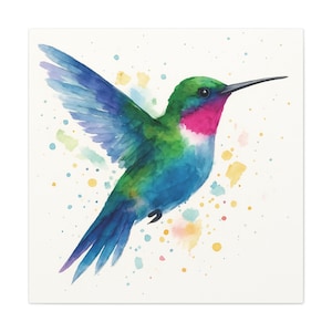Vibrant Watercolor Hummingbird Wall Art  Colorful Bird in Flight for Nature-Inspired Décor
