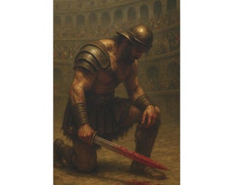 Defeated Gladiator in Colosseum  Roman Warrior Canvas Print | Dramatic Historical Art  Ancient Rome Decor