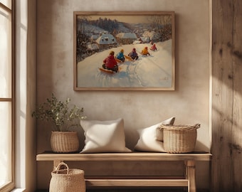 Vintage Winter Sledding Print: Nostalgic Snowy Village Scene (Digital Download)