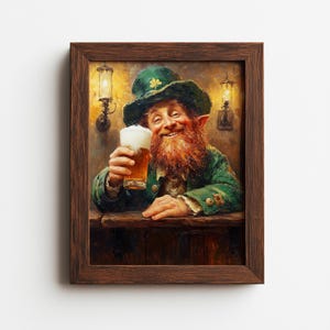 May include: A framed print depicts a smiling leprechaun in a green hat and coat, raising a glass of beer. The artwork has a warm color palette, with a focus on the leprechaun's red beard and the foamy beer. The background shows a pub setting.