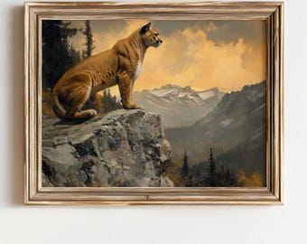 Puede incluir: Pintura enmarcada de un puma posado en un acantilado rocoso, con una cordillera al fondo. El puma es de color marrón claro y el cielo es de color naranja y amarillo cálido. La pintura tiene una estética vintage.