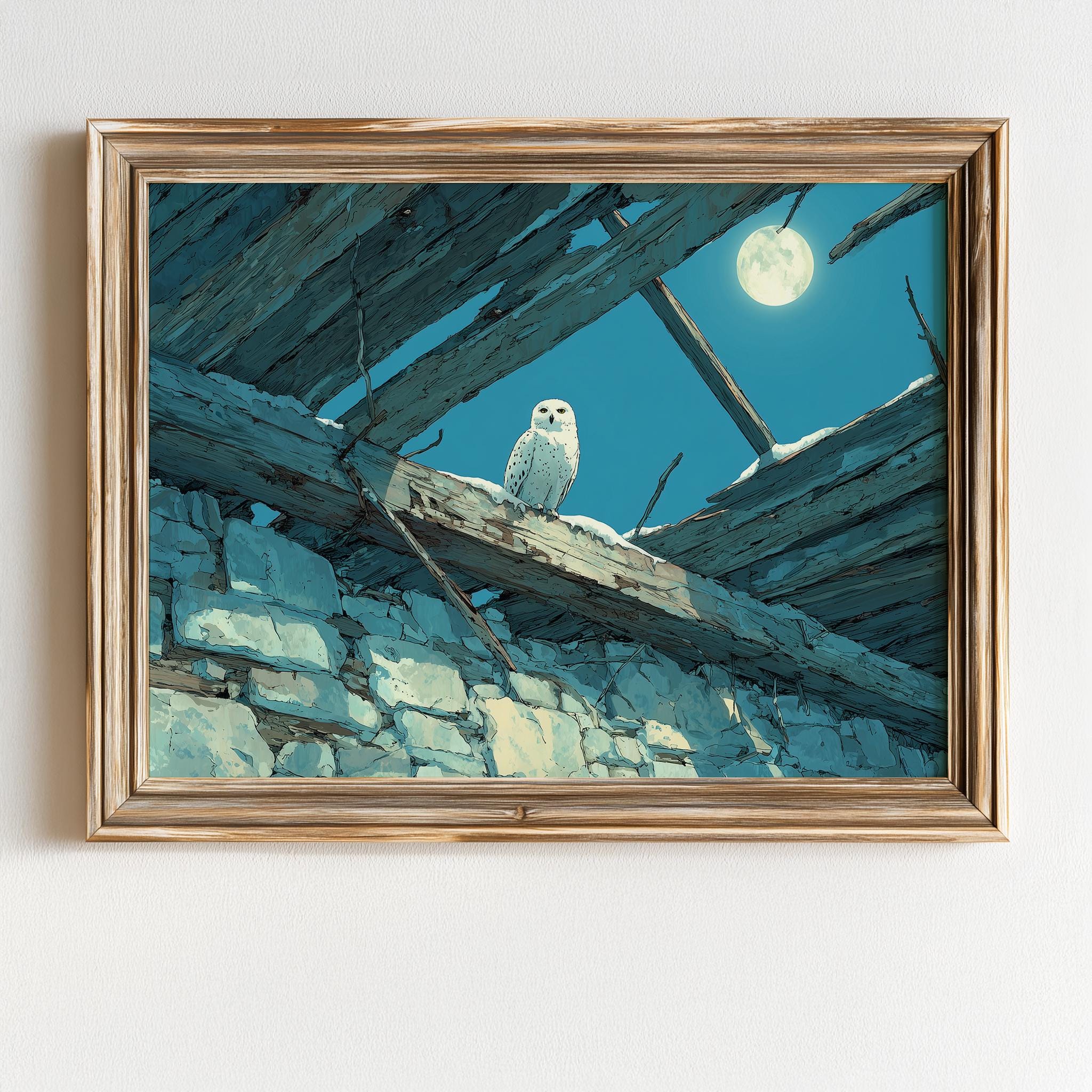 Rustic Owl Moonlit Scene - Moody Nocturnal Wall Art, Spooky Blue Night Owl, Cool Tones Printable, Co