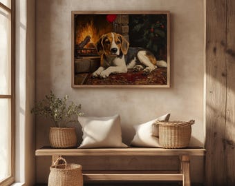 Rustic Beagle Winter Hearth Painting: Cozy Cottagecore Art (Digital Download)