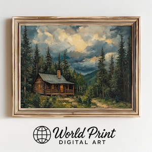 May include: A framed landscape painting depicts a rustic cabin nestled in a forest. The cabin has a chimney and lit windows, suggesting warmth. The sky is filled with dramatic clouds, and the surrounding trees are a mix of green and dark hues. The frame is gold-toned, and the text "World Print DIGITAL ART" is at the bottom.