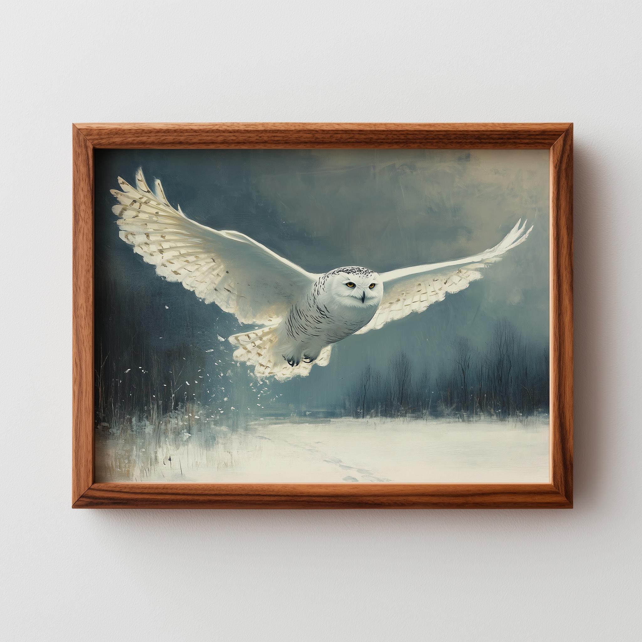 Rustic Snowy Owl in Flight Painting - Moody Winter Wall Art, Nature-Inspired Decor, Soft Neutrals Bi
