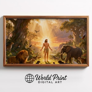 May include: A framed print depicting a biblical scene with a central figure, surrounded by various animals including a lion and an elephant, under a bright light. The artwork is set in a lush, natural environment with the text "World Print DIGITAL ART".
