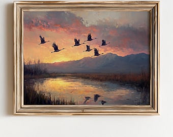 Sandhill Cranes Landscape Art Print – Vintage Wildlife Wall Decor (Digital Download)