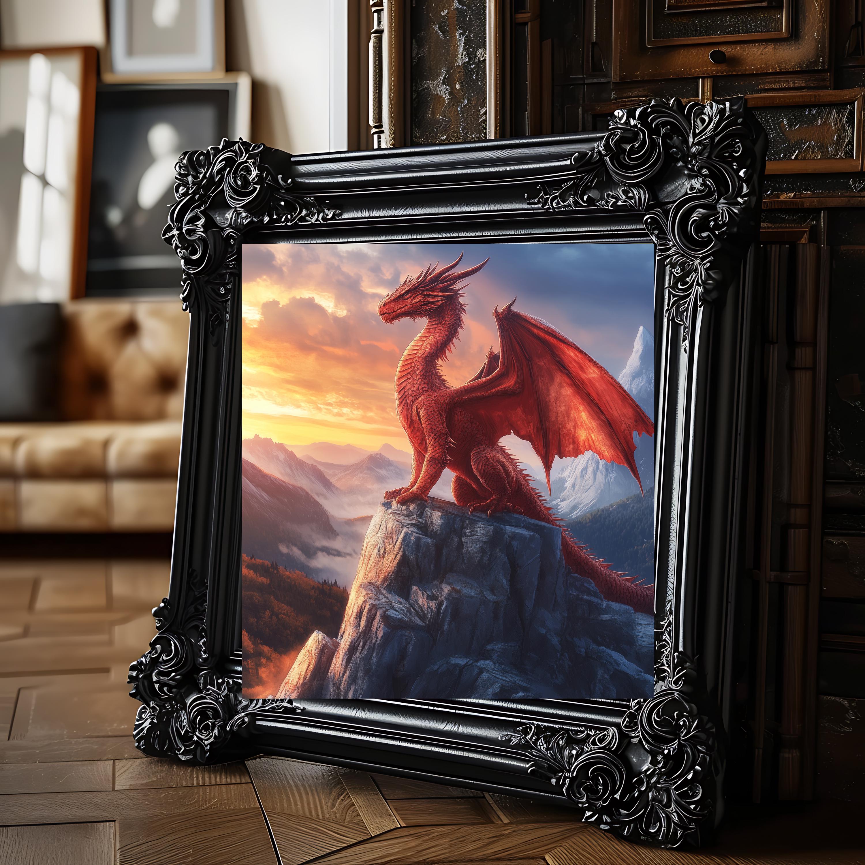 Dramatic Red Dragon Fantasy Art Print - Majestic Dragon at Dusk, Epic ...