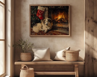 May include: A framed painting depicts a dog resting near a fireplace with a Christmas stocking. A wooden bench holds pillows and woven baskets. The scene evokes a cozy, festive atmosphere, with warm lighting and natural textures.
