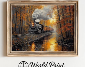 Vintage Steam Train Art Print – Autumn Forest Landscape (Digital Download)