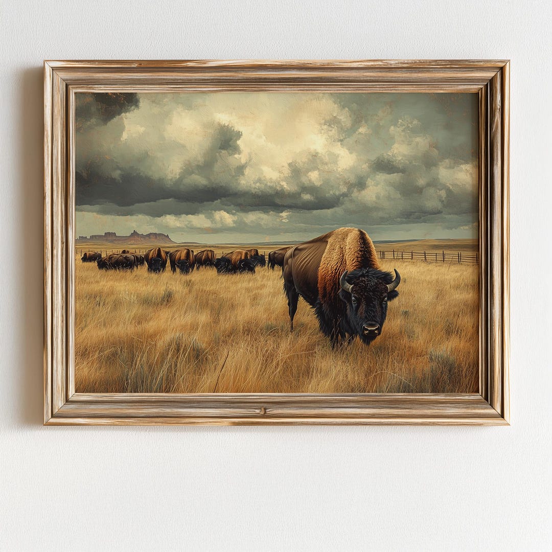 Bison Herd in Prairie Landscape Art – Rustic Farmhouse Decor (digital ...