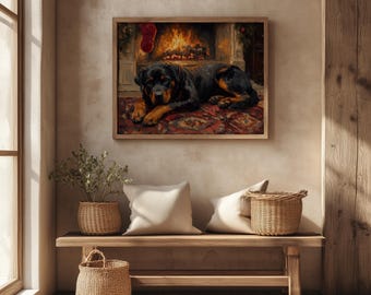 Rustic Rottweiler Winter Art: Cozy Fireplace Scene (Digital Download)