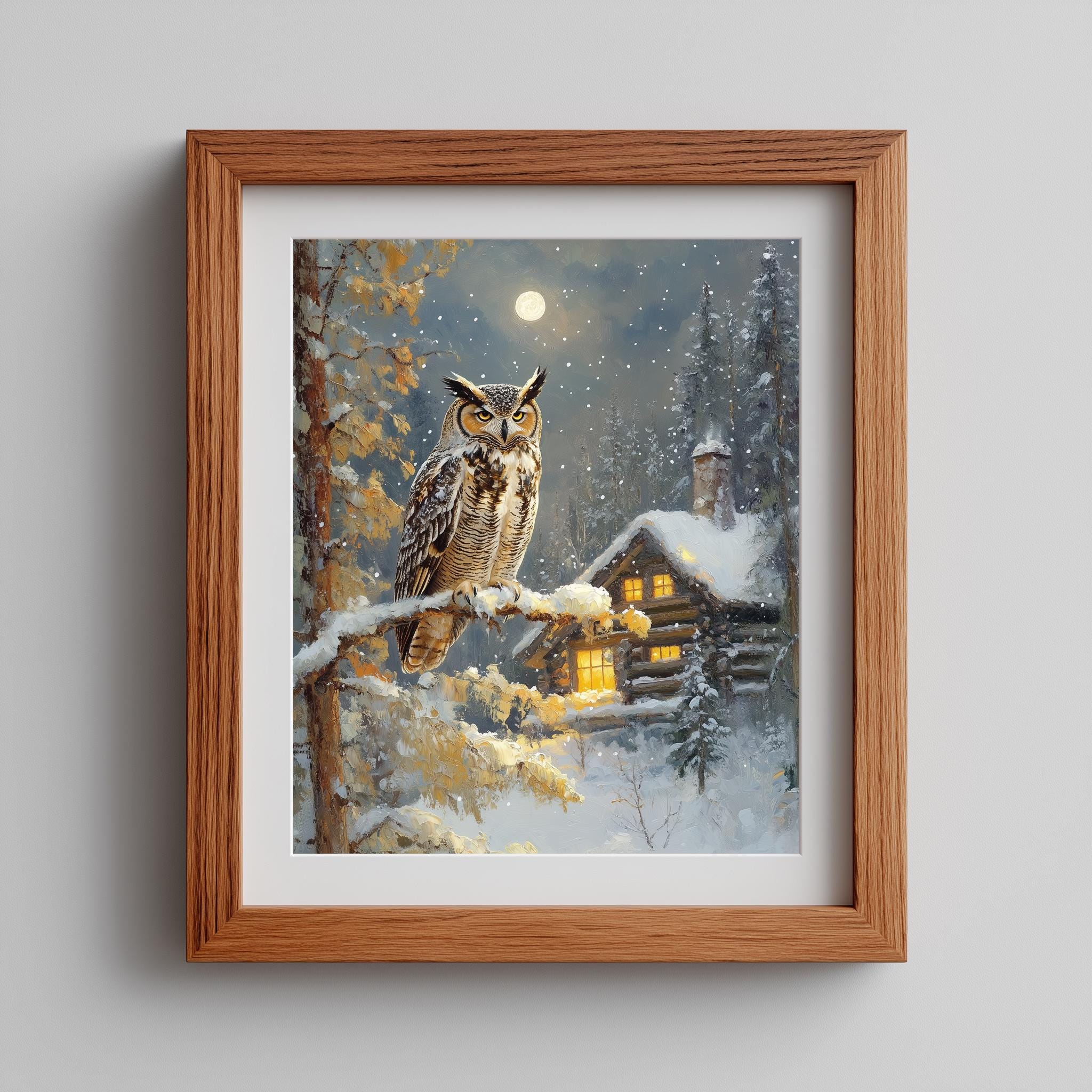 Horned Owl Winter Scene Print – Snowy Cabin Art (Digital Download