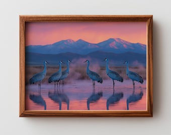 Moody Sunset with Sandhill Cranes - Serene Wildlife Landscape Painting, Marshland Wall Art, Printable Nature Decor, Digital Download 92