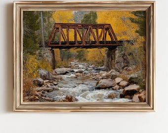 Vintage Railway Bridge Art Print – Autumn Stream Landscape (Digital Download)