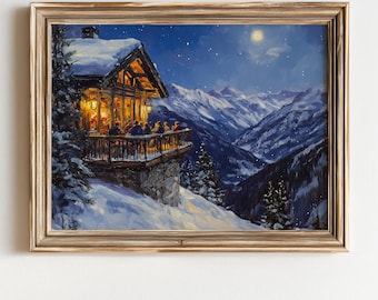 May include: A framed painting depicts a snow-covered mountain scene with a cozy cabin illuminated by warm light. People are gathered on a balcony, overlooking a vast, snow-covered valley under a starry night sky with a full moon.