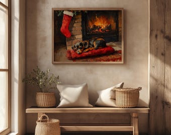 May include: A framed painting depicts a dog resting on a red cushion in front of a fireplace with a Christmas stocking. The scene is warm and inviting, with a cozy, rustic aesthetic. A wooden bench with pillows and baskets is in the foreground.