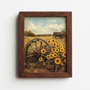 May include: A framed print featuring a rustic scene with a field of sunflowers and an antique wooden wagon wheel. The artwork has a vintage aesthetic, with a wooden wagon in the background and a cloudy sky.