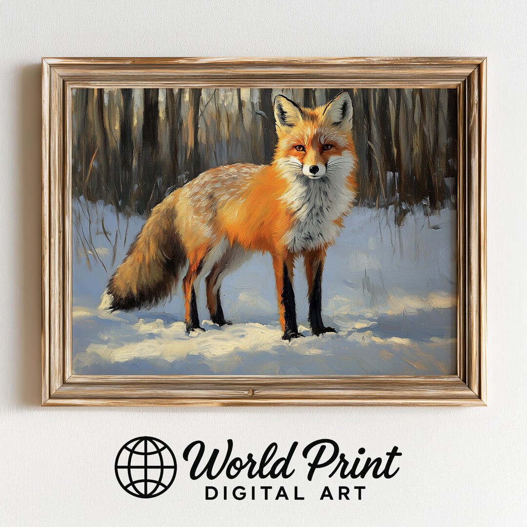 Rustic Fox Image Winter Red Fox Painting, Rustic Wildlife Art, Moody Forest Scene ...