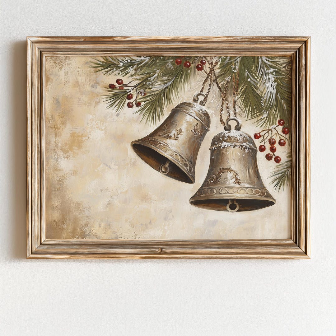 Vintage Christmas Bells Print - Printable Rustic Holiday Wall Art, Cozy ...