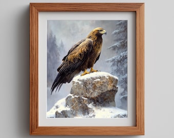 Pintura imprimible de águila real de vida silvestre: decoración rústica de montaña invernal, naturaleza dramática y melancólica, arte mural realista de águila. Descarga 138