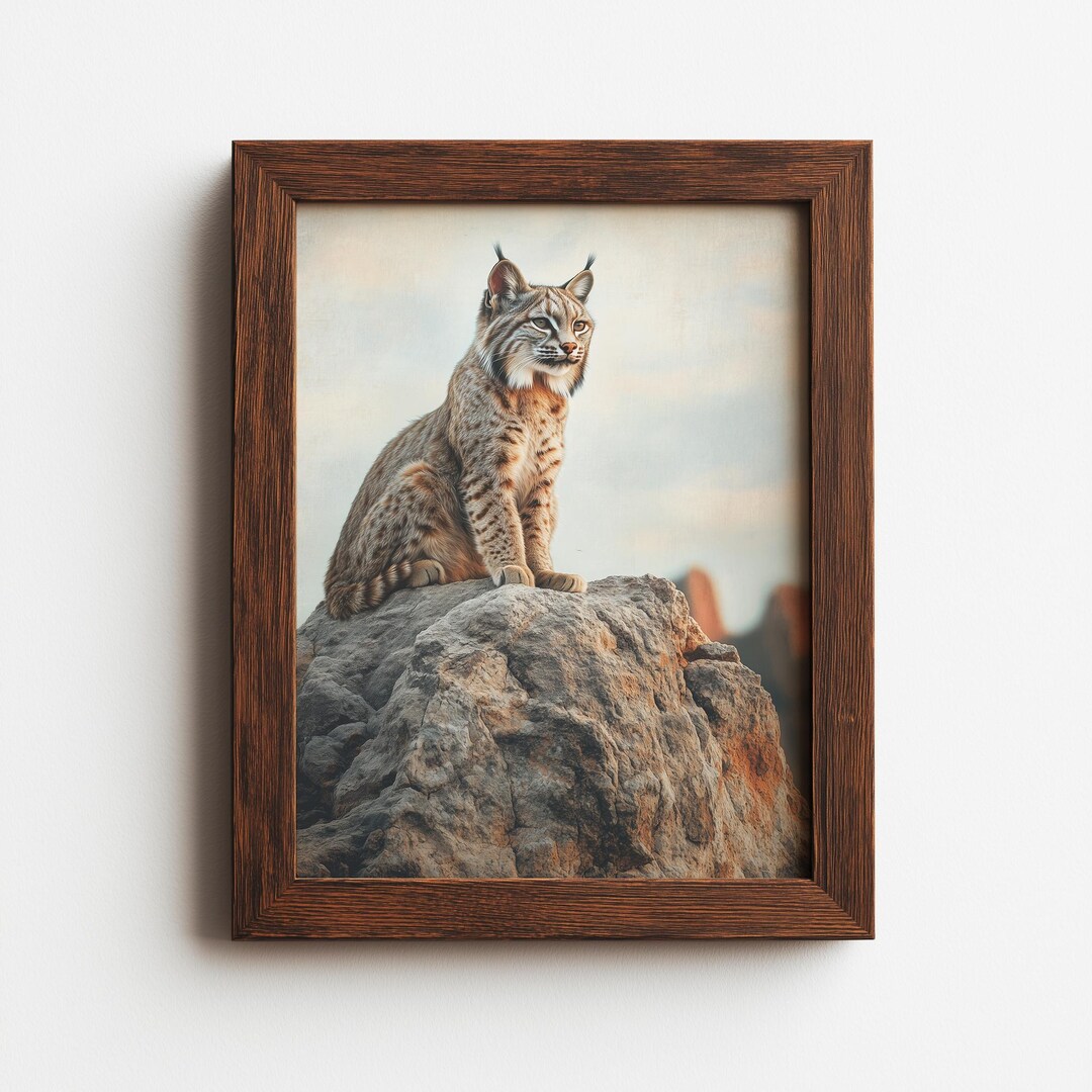 Rustic Bobcat Moody Bobcat on Weathered Rock - Rustic Nature Print, Serene Wildlife ...