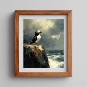 Moody Coastal Puffin Painting on Windswept Cliff - Dramatic Seascape Art, Nautical Wall Decor, Printable Digital Download Ocean Scene 687