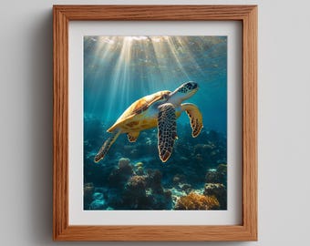 Tropical Sea Turtle Printable - Bright Serene Coastal Underwater Art, Photorealistic Sea Life, Coral Reef Digital Download, Ocean Decor 738