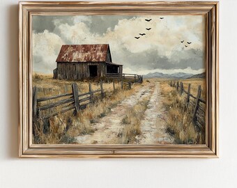 May include: A framed landscape painting depicts a weathered barn with a rusty red roof, set against a cloudy sky. A dirt road leads towards the barn, flanked by wooden fences and fields of dry grass. Birds fly in the sky.