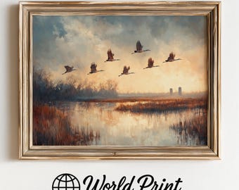 Sandhill Cranes Landscape Print – Rustic Cottagecore Wildlife Art (Digital Download)