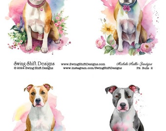 Adorable Pit Bull Staffordshire Bull Terrier Dog v2 Watercolor Style Vivid Flowers Dogs Puppy Printable Digital Collage Sheet, Animal Lovers