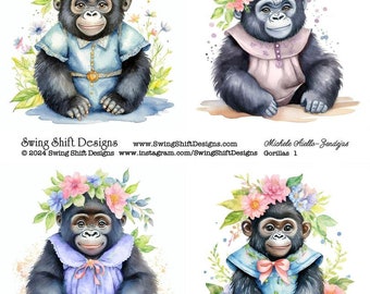Adorable Gorilla with Flowers & Wearing Clothes Watercolor Style Vivid Colorful Gorillas Floral Printable Digital Collage Sheet Cute Primate