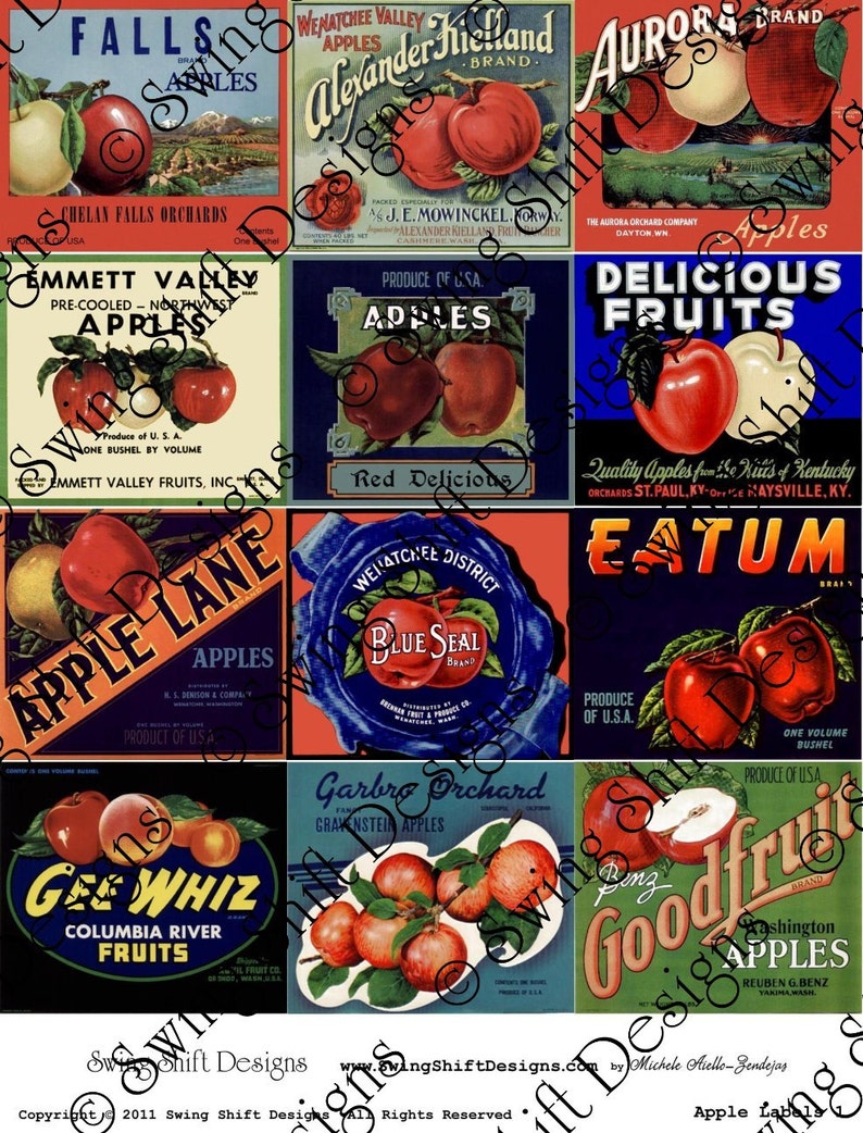 Vintage Apple Labels Collage Sheet Teacher Appreciation Gift Doctor Gift Digital Download JPG file by Swing Shift Designs image 2